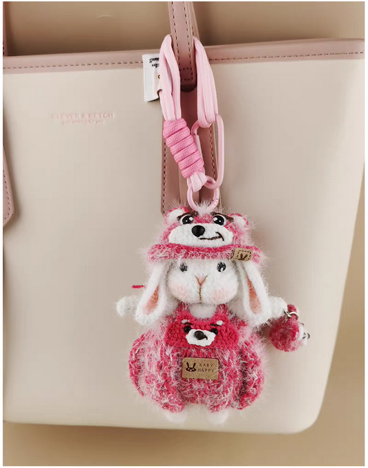 Cute Pink Bear Sugar Bunny Bag Charm, Premium Backpack & Car Pendant, Ideal Gift,Handmade Crochet Doll, Crochet Keychain
