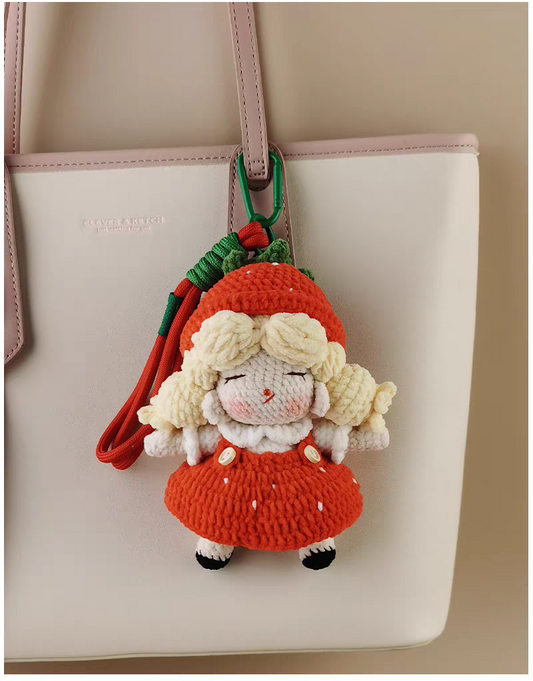 Cute Red Strawberry Girl Bag Charm, Premium Backpack & Car Pendant, Ideal Gift,Handmade Crochet Doll, Crochet Keychain