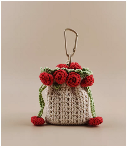 Flower Earphone Storage Bag Bag Charm, Premium Backpack & Car Pendant, Ideal Gift,Handmade Crochet Doll, Crochet Keychain