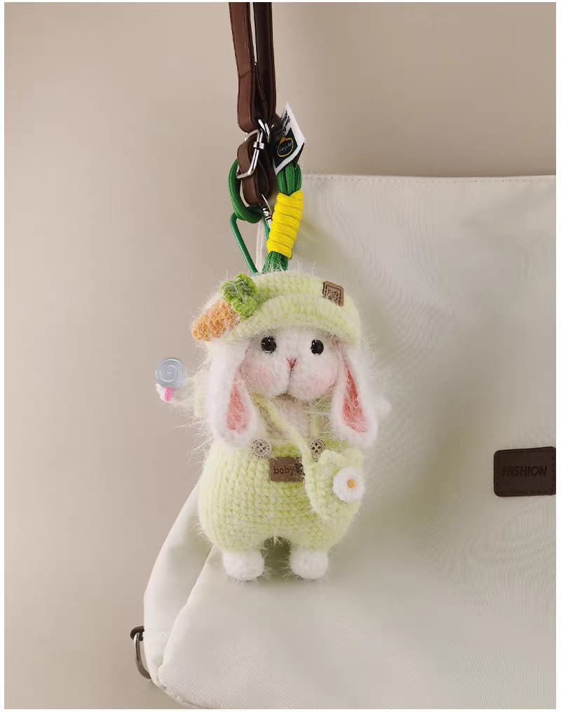 Fluorescent Green Beret Carrot Sugar Sugar Bunny Bag Charm, Premium Backpack & Car Pendant, Ideal Gift,Handmade Crochet Doll, Crochet Keychain