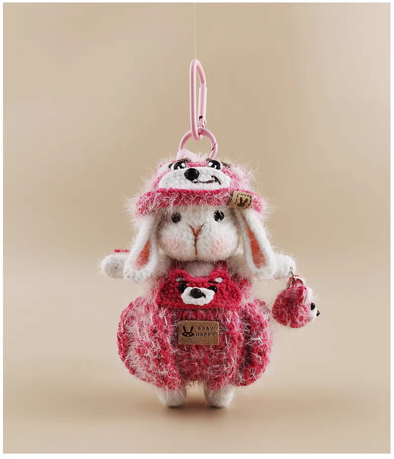 Cute Pink Bear Sugar Bunny Bag Charm, Premium Backpack & Car Pendant, Ideal Gift,Handmade Crochet Doll, Crochet Keychain