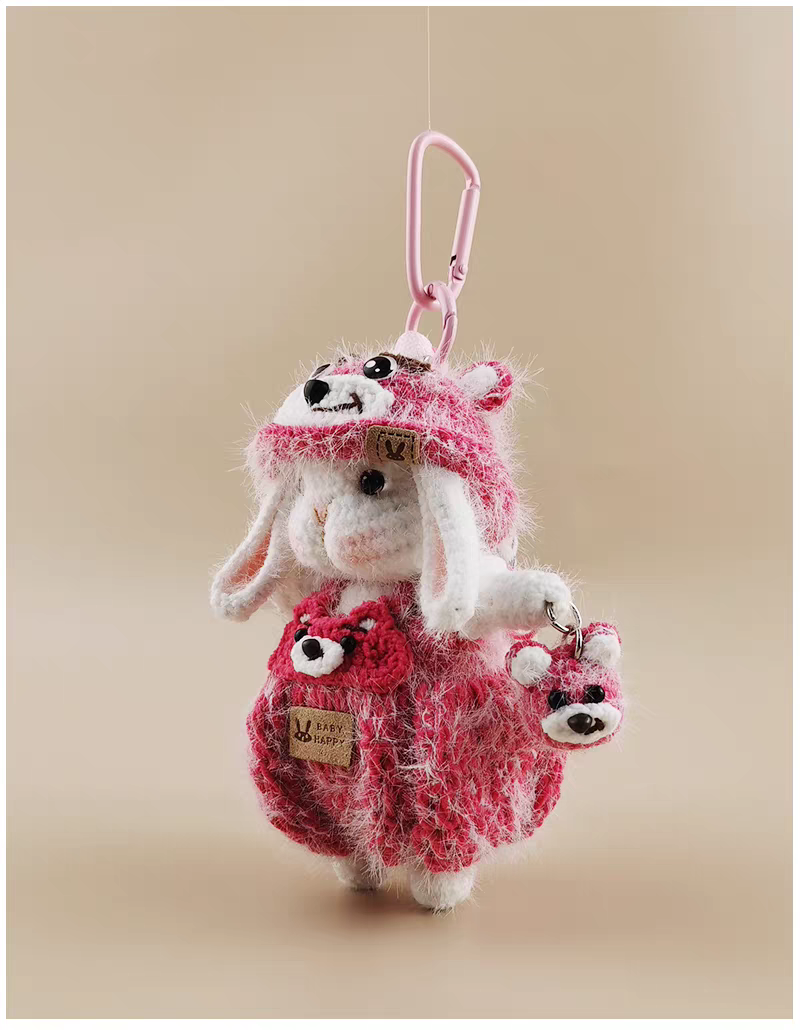 Cute Pink Bear Sugar Bunny Bag Charm, Premium Backpack & Car Pendant, Ideal Gift,Handmade Crochet Doll, Crochet Keychain