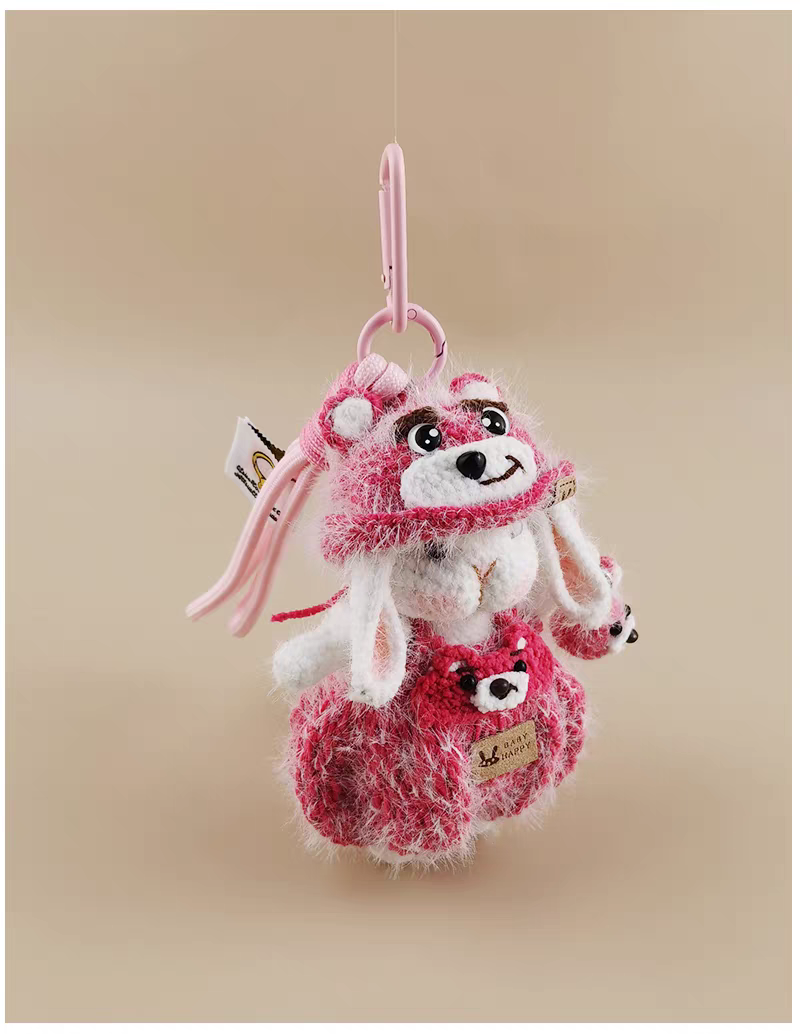 Cute Pink Bear Sugar Bunny Bag Charm, Premium Backpack & Car Pendant, Ideal Gift,Handmade Crochet Doll, Crochet Keychain