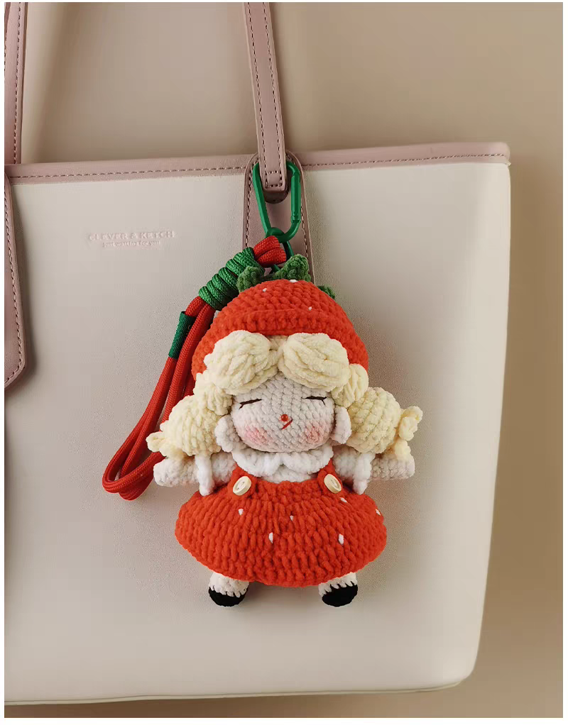 Cute Red Strawberry Girl Bag Charm, Premium Backpack & Car Pendant, Ideal Gift,Handmade Crochet Doll, Crochet Keychain