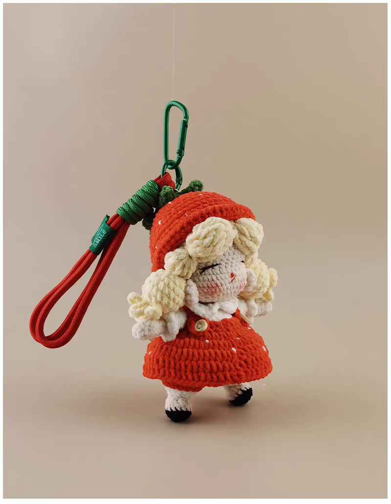 Cute Red Strawberry Girl Bag Charm, Premium Backpack & Car Pendant, Ideal Gift,Handmade Crochet Doll, Crochet Keychain