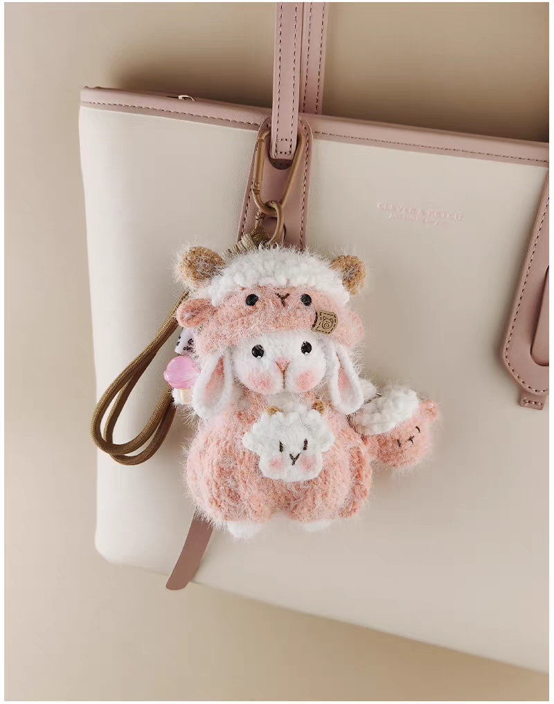 Mini Cute Pink Sheep Sugar Sugar Bunny Handmade Crochet Doll Keychain, Bag Charm & Car Pendant, Sweet Gift