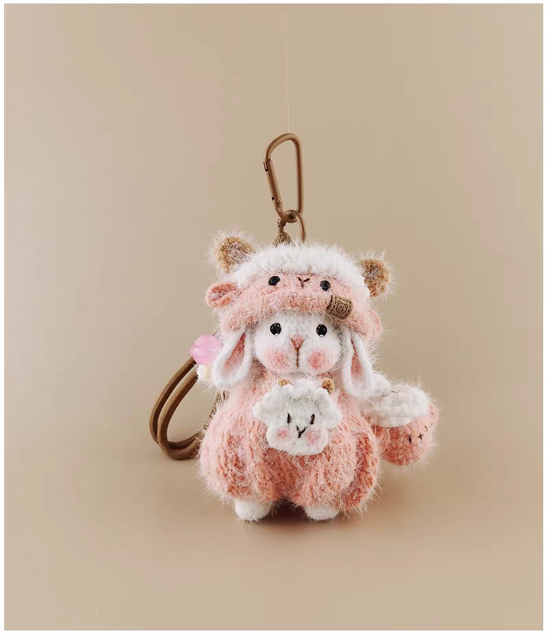 Mini Cute Pink Sheep Sugar Sugar Bunny Handmade Crochet Doll Keychain, Bag Charm & Car Pendant, Sweet Gift