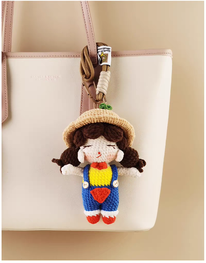 Cute Little Gardener Round-Faced Girl Handmade Crochet Doll Keychain, Bag & Backpack Charm Pendant, Sweet Gift