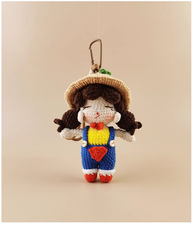 Cute Little Gardener Round-Faced Girl Handmade Crochet Doll Keychain, Bag & Backpack Charm Pendant, Sweet Gift
