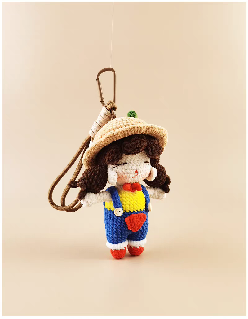 Cute Little Gardener Round-Faced Girl Handmade Crochet Doll Keychain, Bag & Backpack Charm Pendant, Sweet Gift