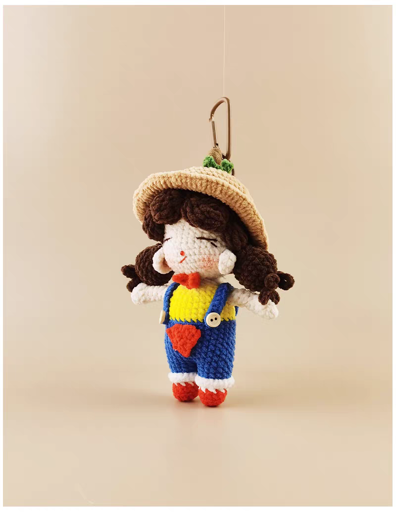 Cute Little Gardener Round-Faced Girl Handmade Crochet Doll Keychain, Bag & Backpack Charm Pendant, Sweet Gift