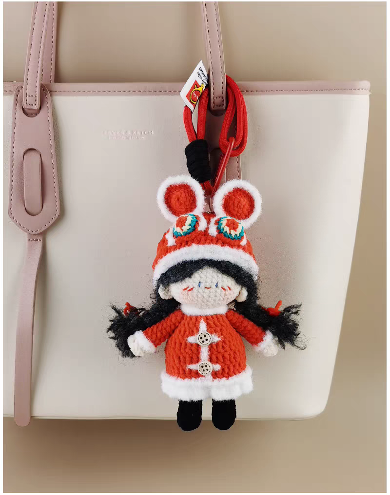 Vibrant Lion Dance Girl Crochet Doll Keychain, Cute Bag & Backpack Charm, Unique Niche Gift